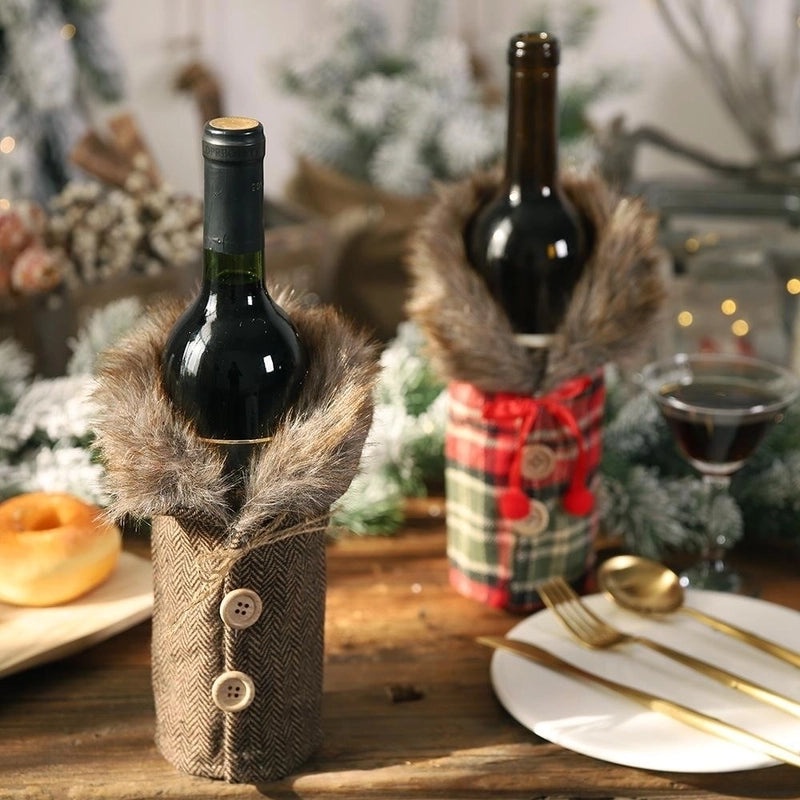 Christmas Wine Bottle Decoration Set Striped Plaid Skirt Table Ornament | Holiday Home Decor