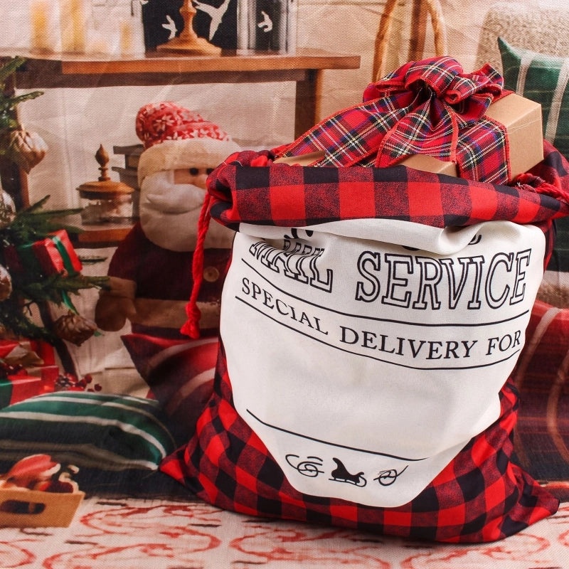 Christmas Large Printed Drawstring Gift Bag Imitation Linen Santa Claus Backpack Holiday Party Favor Bag|Holiday Gift Bags