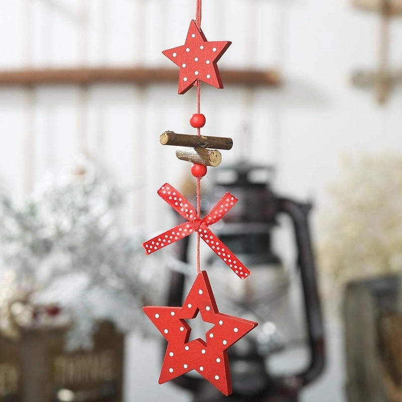 Festive Red Polka Dot Wooden Five-Star Christmas Tree Pendant with Bow and Heart Charm|Holiday Jewelry