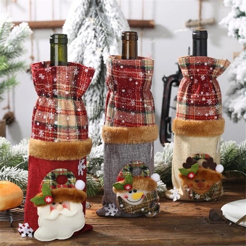 Christmas Plaid Linen Bottle Decoration Set | Holiday Home Decor