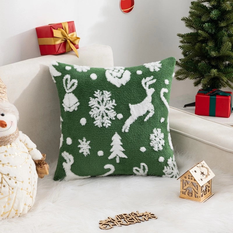 Christmas Fleece Pillow Cover with Jacquard Tree and Elk Design|Home Decor & Holiday Decorations
