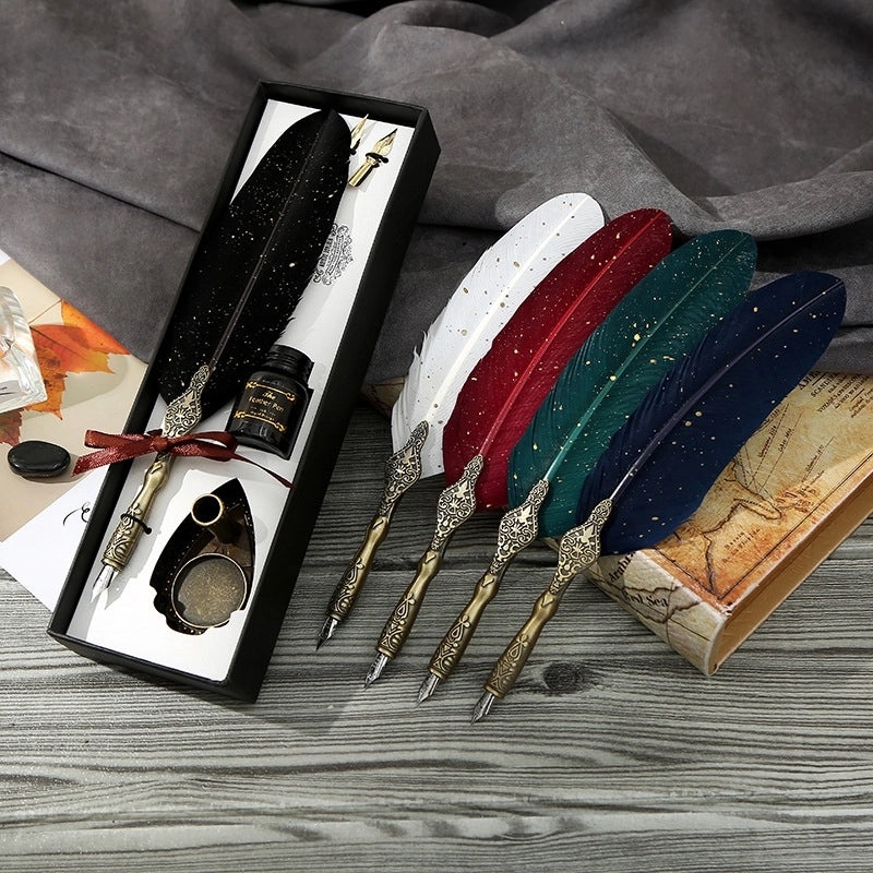 Set of Stainless Steel Fountain Pens with Feather Design for Students|Writing Instruments