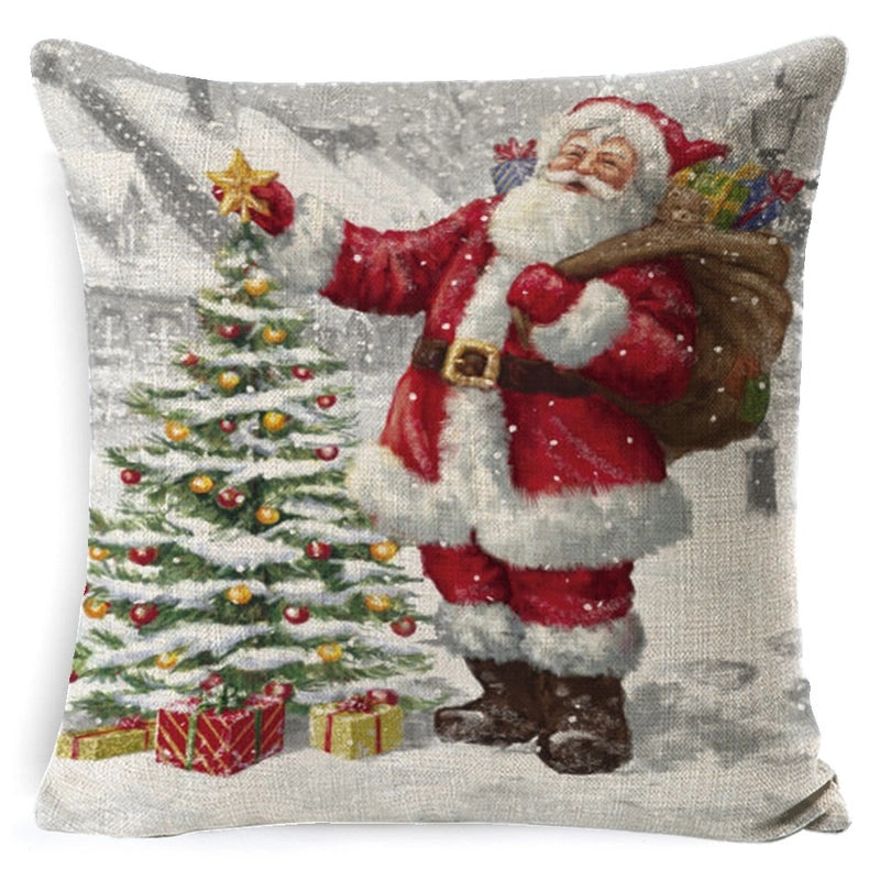 Vintage Christmas Tree and Santa Claus Socks Pattern Linen Pillow Covers|Home Decor Pillows