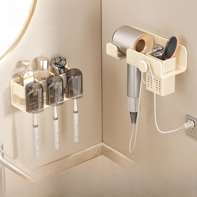 Cream White Wall-mounted Hair Dryer Holder Punch-free Bathroom Storage Rack Electric Device Bracket|Bathroom Accessories