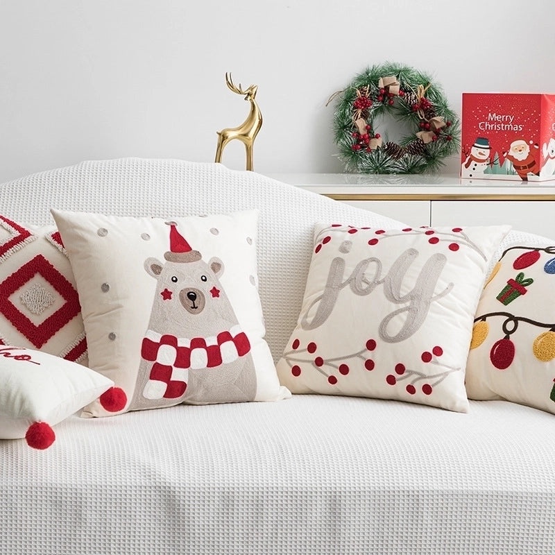 Christmas Bear Letter Pillow Covers Cute Solid Color Polyester Cushion Cases for Couch Sofa Decor|Home Decor & Pillows