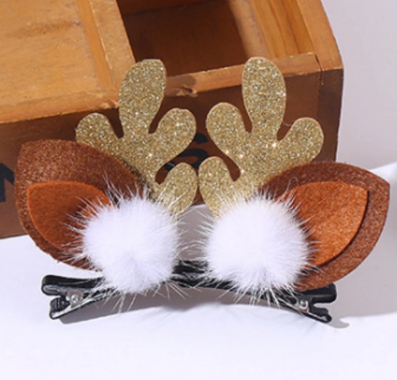 Christmas Reindeer Antler Hair Clip with Pom Pom Ball | Holiday Hair Accessories