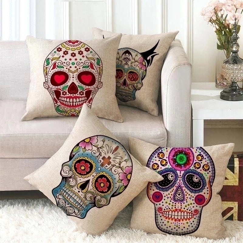 Halloween Skull Linen Pillow Cover for Couch & Sofa | Home Decor & Seasonal Decorations