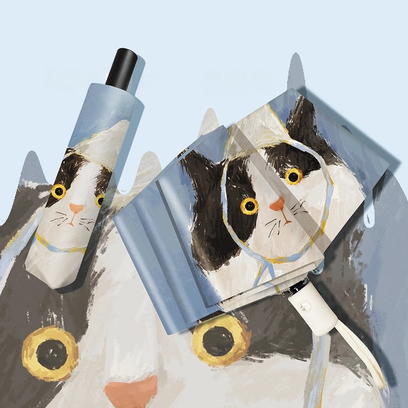 Vintage Oil Painting Cat Umbrella for Women | Dual-use Sun and Rain Umbrella with UV Protection, Automatic Folding Sunshade | Fashion Accessories