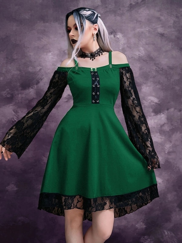 Gothic Princess Dress for Women Long Sleeve Boat Neck Solid Color Patchwork Above Knee Party Wear|Women's Clothing Dresses