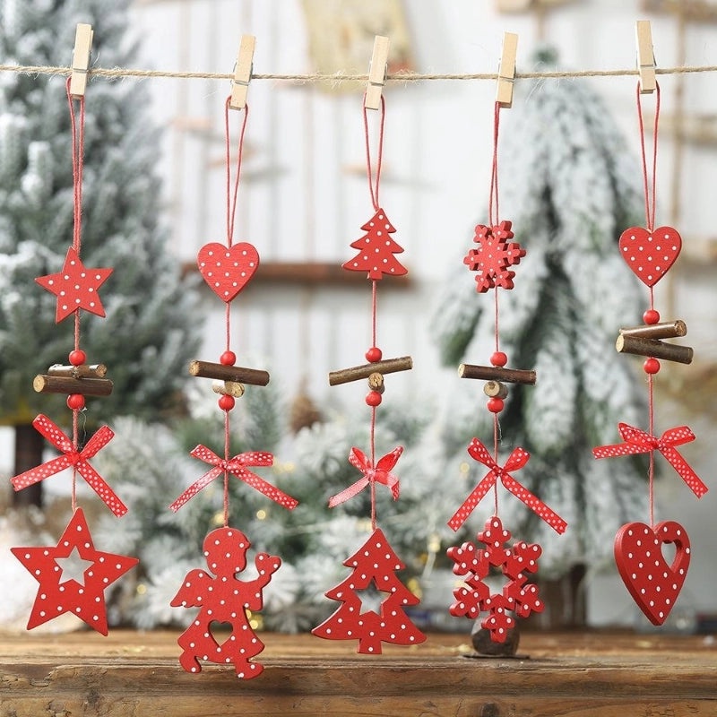 Festive Red Polka Dot Wooden Five-Star Christmas Tree Pendant with Bow and Heart Charm|Holiday Jewelry