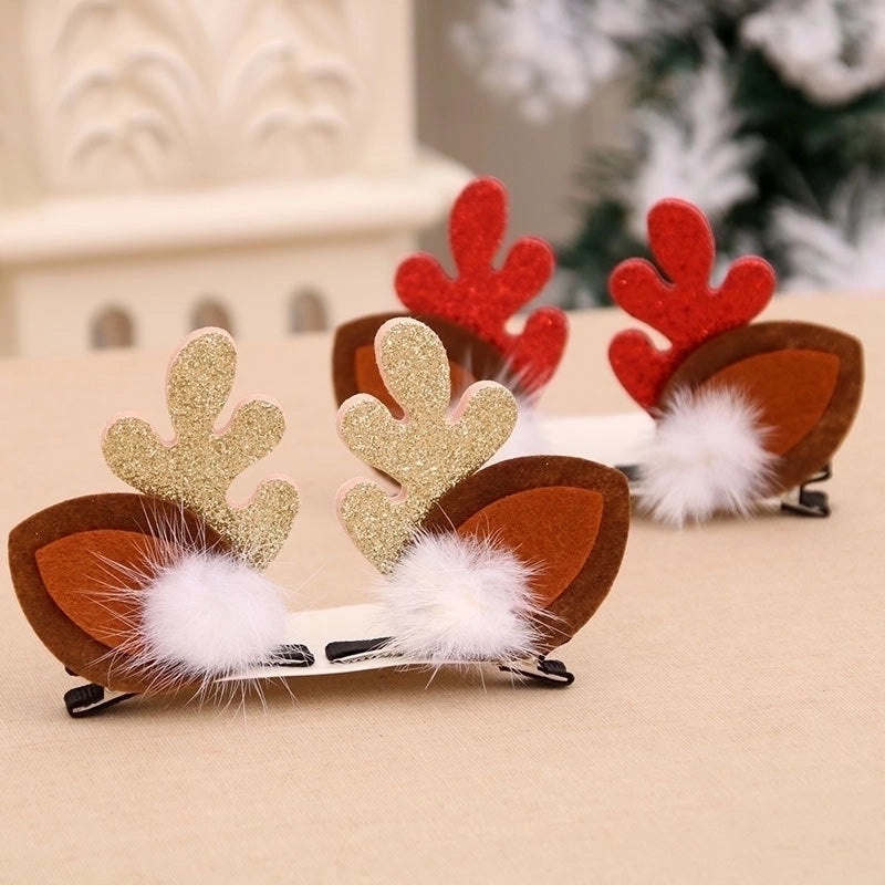 Christmas Kids Gold Glitter Antler Hairpin Set Mink Fur Clips Holiday Headband | Hair Accessories