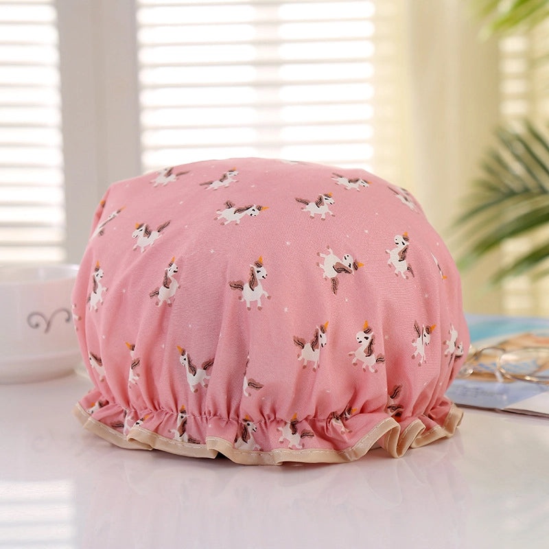 Waterproof Double Layer Shower Cap for Women Cartoon Print Hair Protection PVCPE Material|Women’s Bath & Shower Accessories
