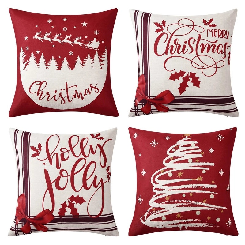 Festive Christmas Tree Cotton Linen Pillow Covers for Sofa and Couch | Home Decor & Pillows