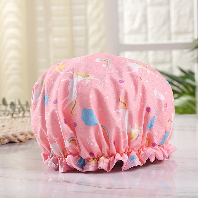 Waterproof Double Layer Shower Cap for Women Cartoon Print Hair Protection PVCPE Material|Women’s Bath & Shower Accessories