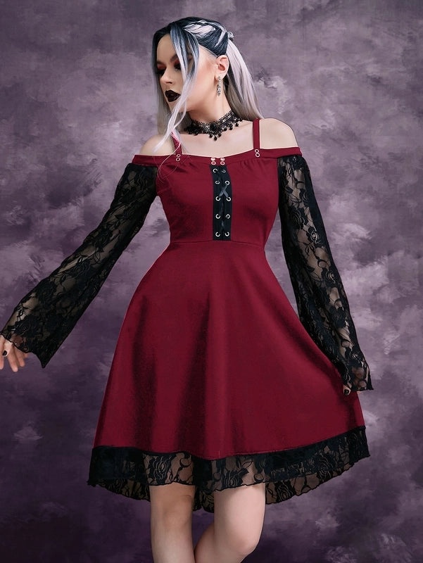 Gothic Princess Dress for Women Long Sleeve Boat Neck Solid Color Patchwork Above Knee Party Wear|Women's Clothing Dresses