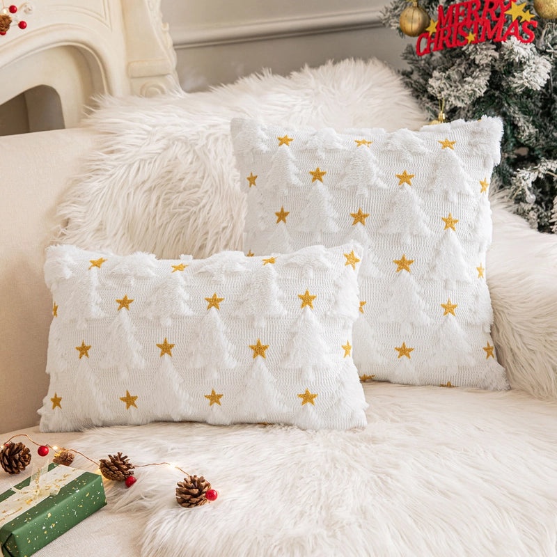 Festive Plush Snowflake & Christmas Tree Embroidered Sofa Cushion Cover|Home Decor & Living Room Accessories