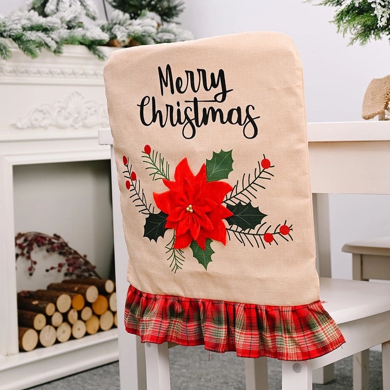 Festive Red Linen Chair Cover with Flower Design for Christmas | Christmas Decorations