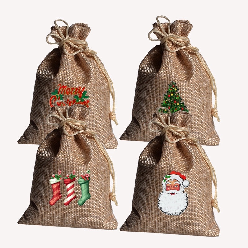 Christmas Linen Christmas Socks Gift Bags Santa Claus Candy Party Favor Bags|Holiday Gift Bags