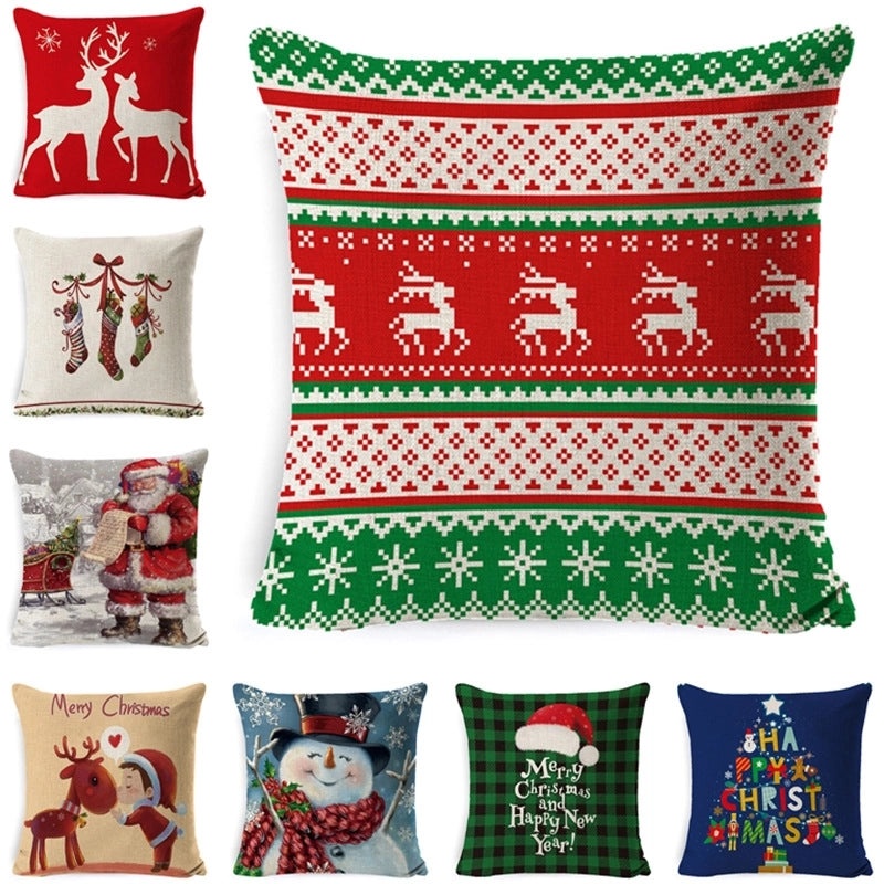 Vintage Christmas Tree and Santa Claus Socks Pattern Linen Pillow Covers|Home Decor Pillows