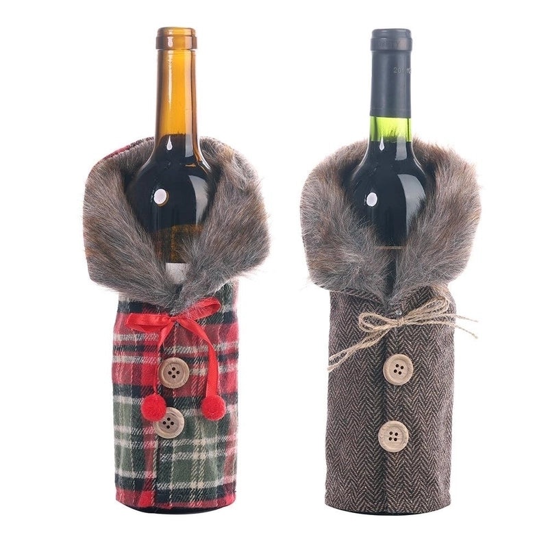 Christmas Wine Bottle Decoration Set Striped Plaid Skirt Table Ornament | Holiday Home Decor
