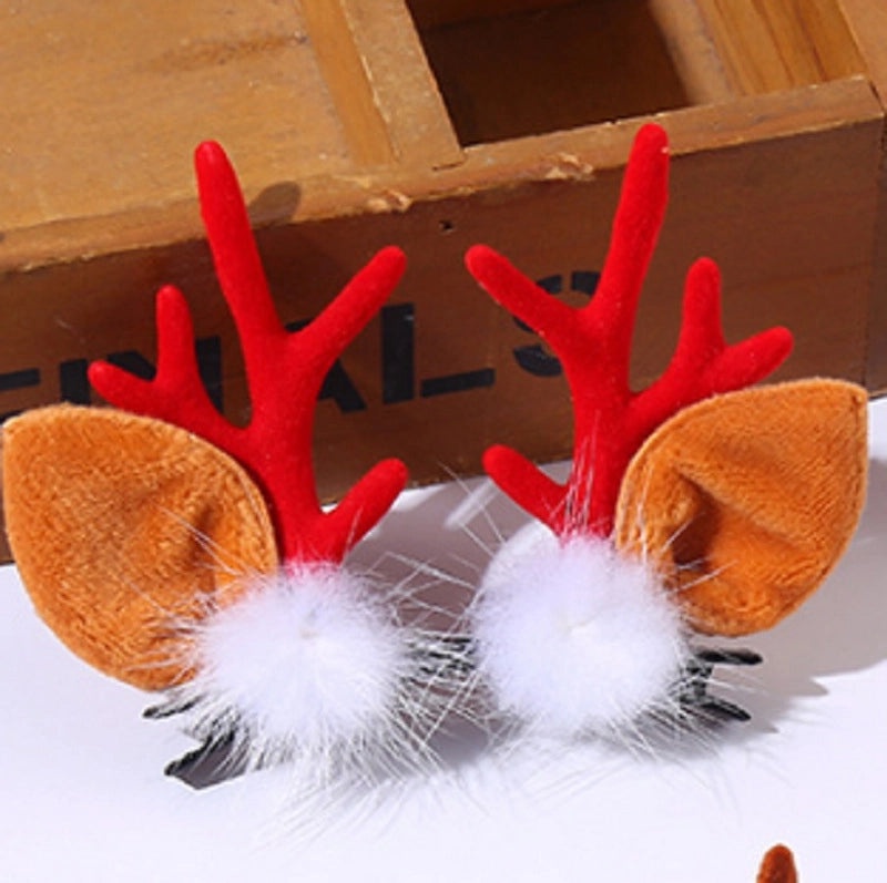 Christmas Reindeer Antler Hair Clip with Pom Pom Ball | Holiday Hair Accessories