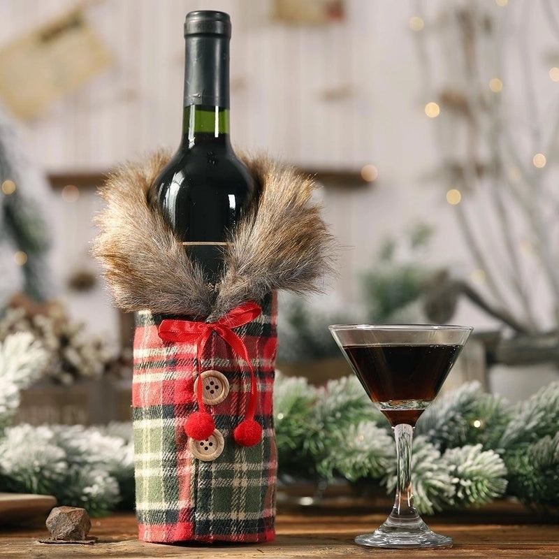 Christmas Wine Bottle Decoration Set Striped Plaid Skirt Table Ornament | Holiday Home Decor