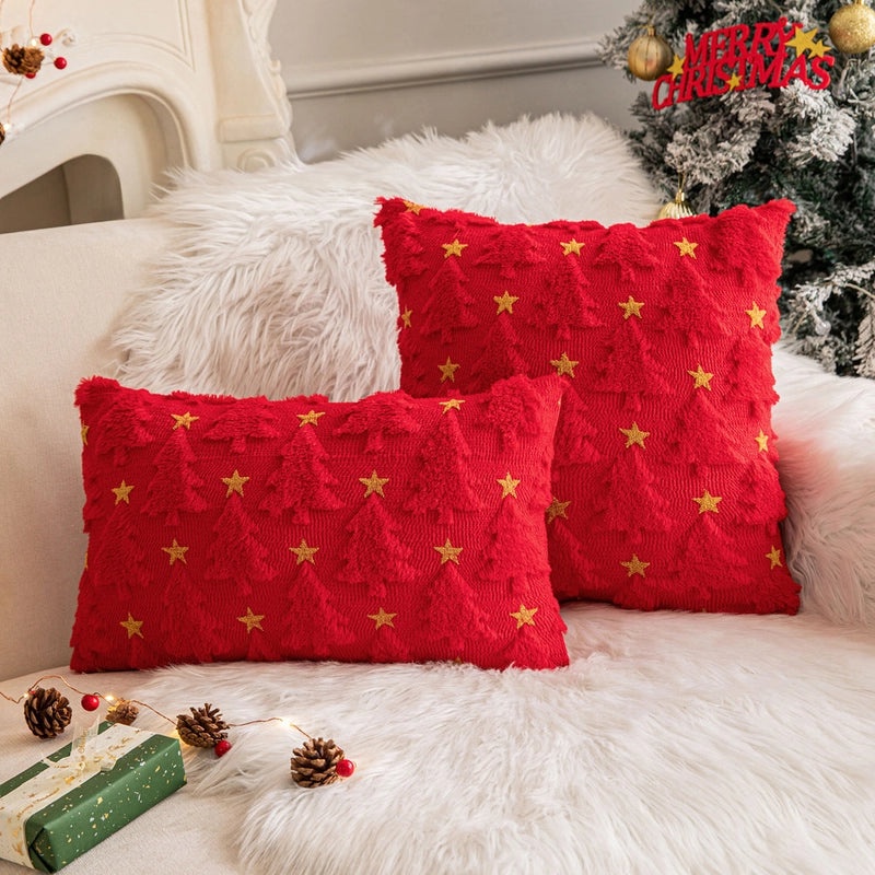 Festive Plush Snowflake & Christmas Tree Embroidered Sofa Cushion Cover|Home Decor & Living Room Accessories