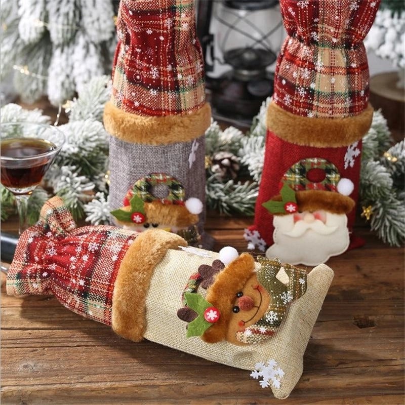 Christmas Plaid Linen Bottle Decoration Set | Holiday Home Decor