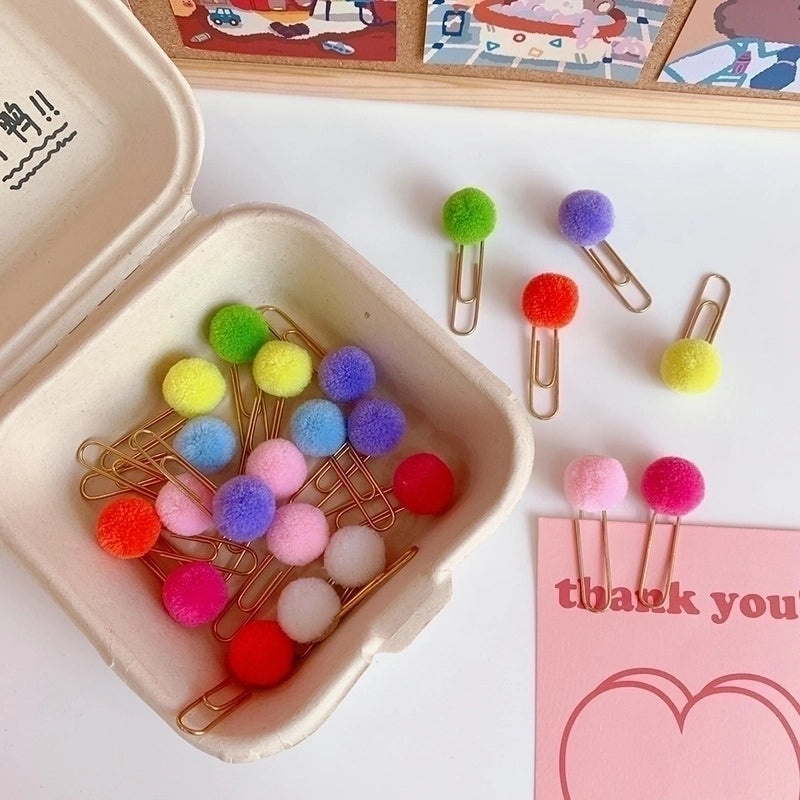 Cute Japanese Metal Paper Clip Bookmark with Colorful Candy Hairy Ball Pin for Students and Office Supplies|Stationery