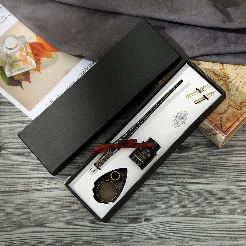 Set of Stainless Steel Fountain Pens with Feather Design for Students|Writing Instruments