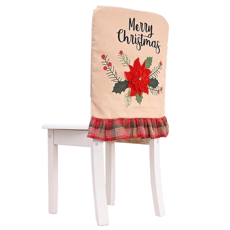 Festive Red Linen Chair Cover with Flower Design for Christmas | Christmas Decorations