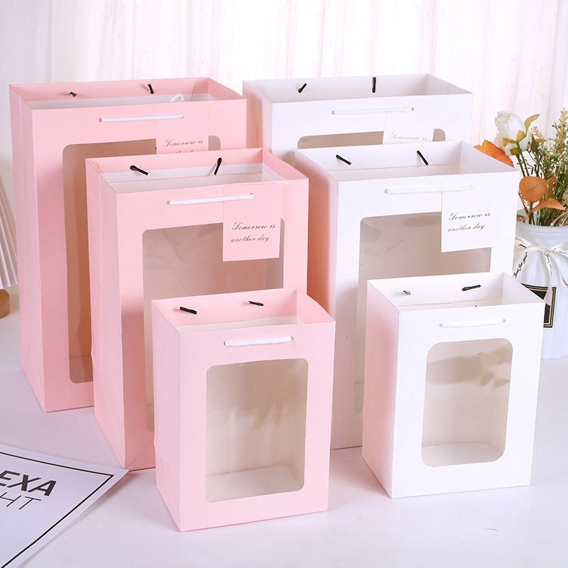 Transparent Floral Gift Bag with Window Handheld Party Favor Packaging|Gift Bags & Packaging