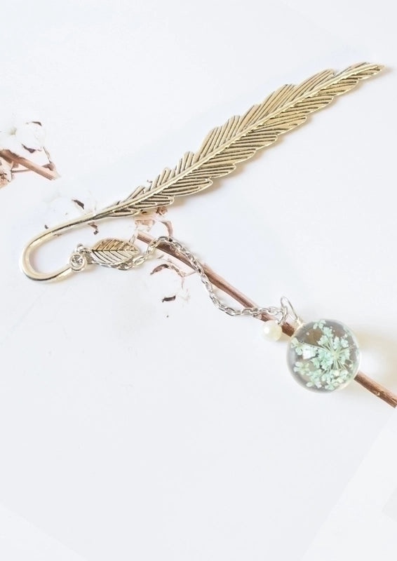Elegant Metal Feather Pendant with Dried Flower Bookmark | Accessories & Jewelry