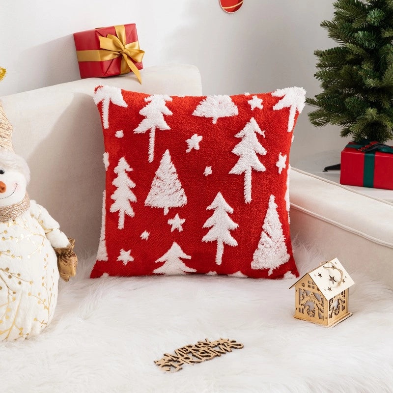 Christmas Fleece Pillow Cover with Jacquard Tree and Elk Design|Home Decor & Holiday Decorations
