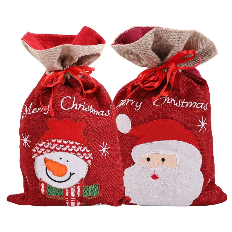 Cute Christmas Santa and Snowman Linen Gift Bags|Holiday Party Favor Bags