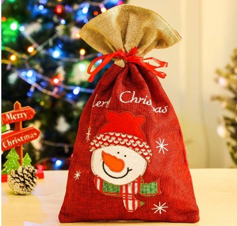 Cute Christmas Santa and Snowman Linen Gift Bags|Holiday Party Favor Bags