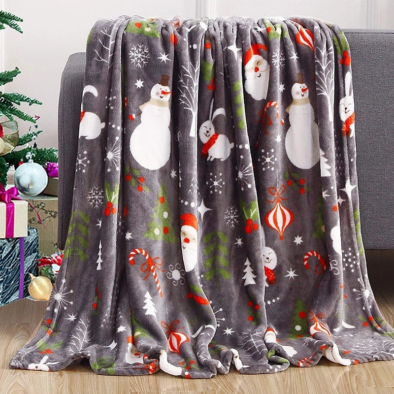 Festive Santa Claus and Snowman Plaid Polyester Blanket for Couch & Sofa|Home Decor & Seasonal Gifts