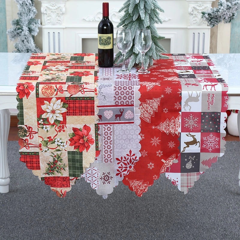 Festive Calico Table Runner with Christmas Ornaments Design|Home Decor & Table Linens