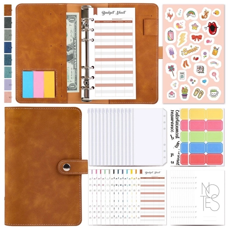 A6 Macaron Leather Refillable Loose-leaf Notebook with 12 Zipper Bags | Stationery & Office Supplies