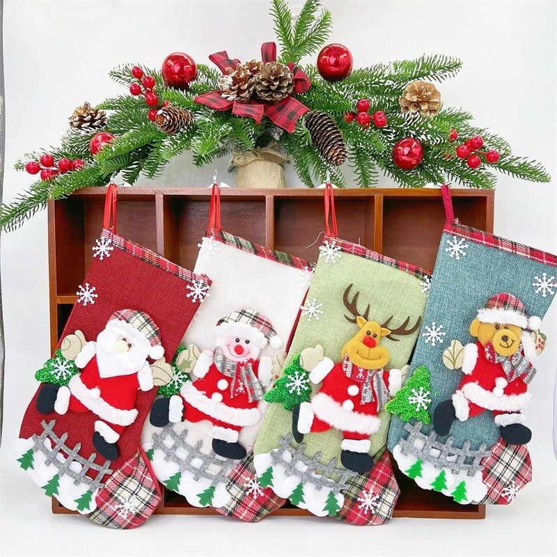 Linen Large Christmas Stockings Holiday Gift Bags Apple Design Festive Decorations|Christmas Decorations & Gifts