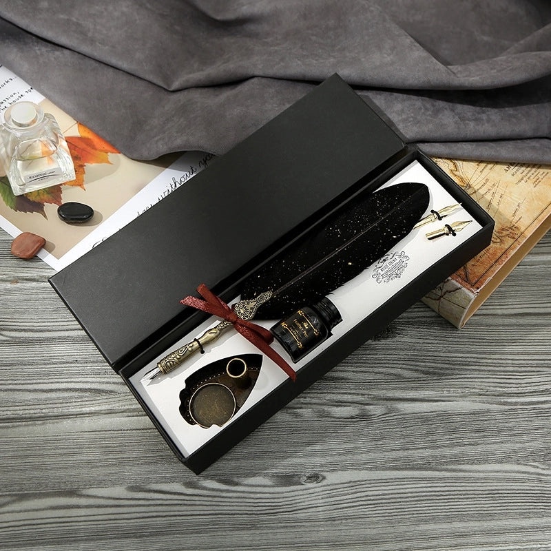 Set of Stainless Steel Fountain Pens with Feather Design for Students|Writing Instruments