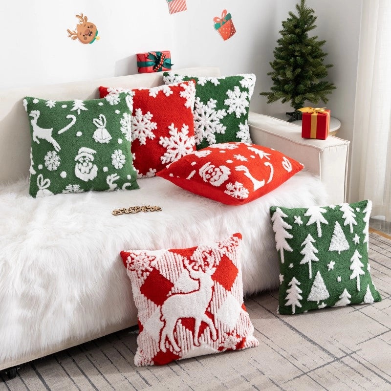 Christmas Fleece Pillow Cover with Jacquard Tree and Elk Design|Home Decor & Holiday Decorations