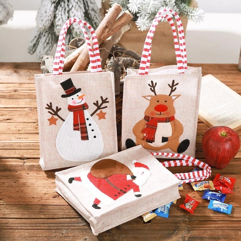 Christmas Burlap Embroidered Tote Bag for Kids|Holiday Decorations & Gift Bags