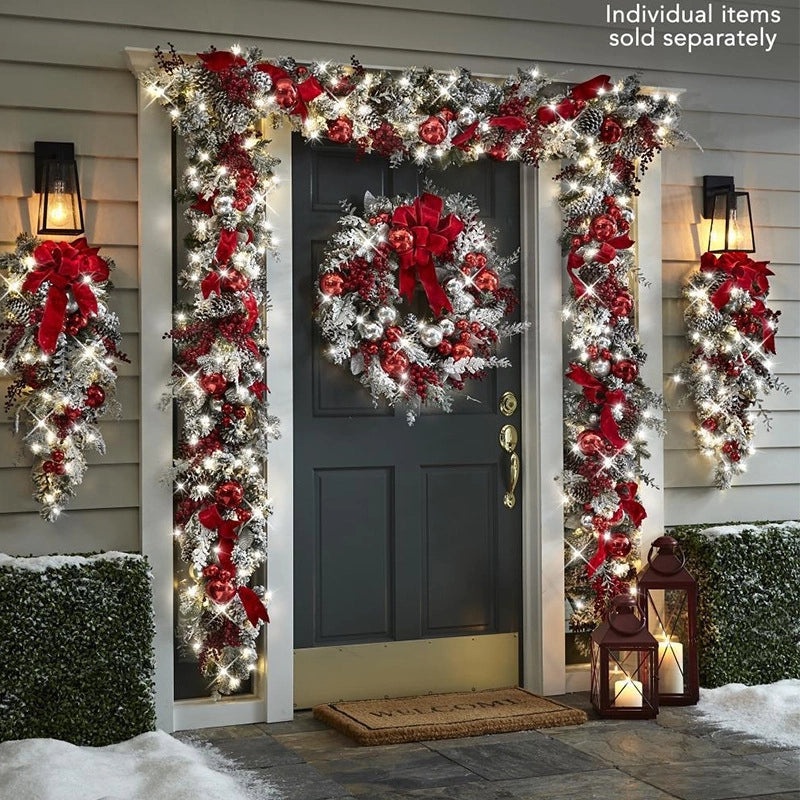 Christmas Flocking Wreath Door Hanging, Festive Rattan Christmas Decoration for Home | Christmas Decorations