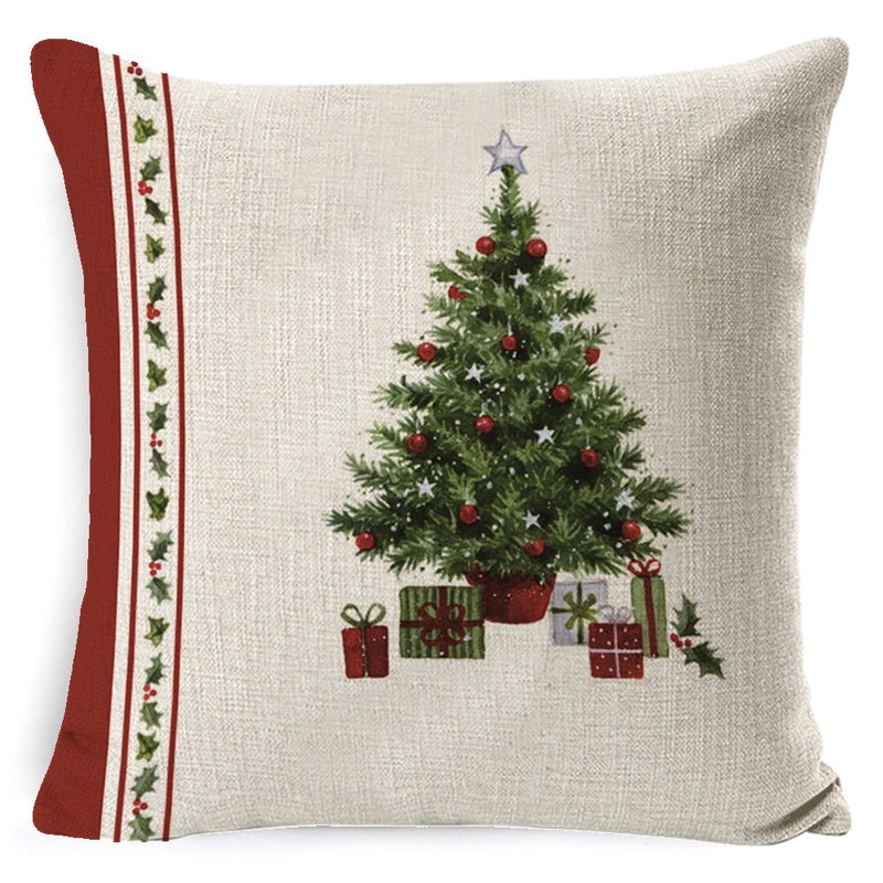 Vintage Christmas Tree and Santa Claus Socks Pattern Linen Pillow Covers|Home Decor Pillows