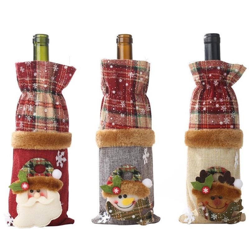 Christmas Plaid Linen Bottle Decoration Set | Holiday Home Decor