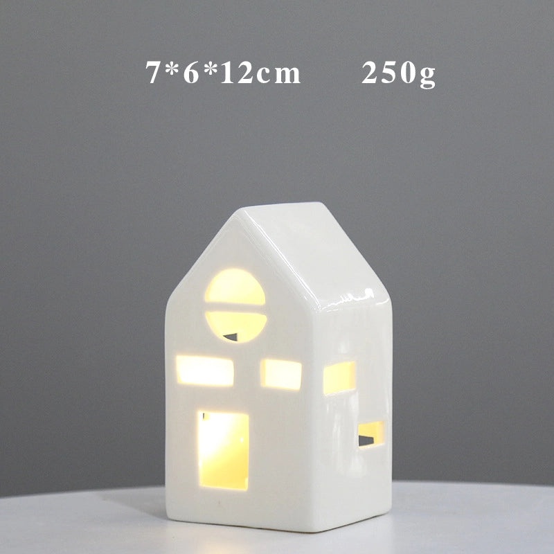 Nordic Ceramic Mini House LED Light Christmas Ornament Hollow Design Small Gift|Home Decor & Holiday Gifts