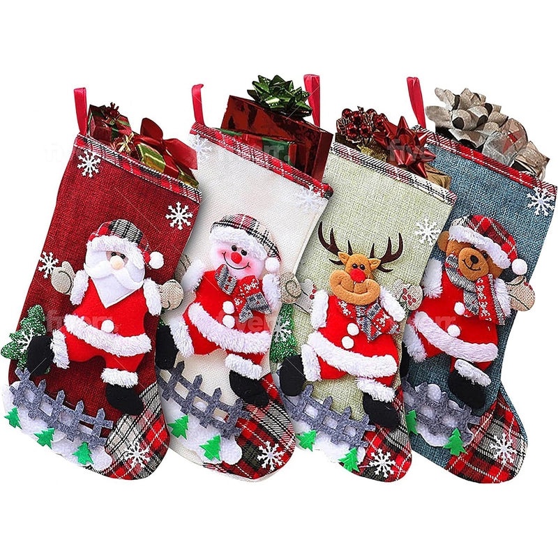 Linen Large Christmas Stockings Holiday Gift Bags Apple Design Festive Decorations|Christmas Decorations & Gifts