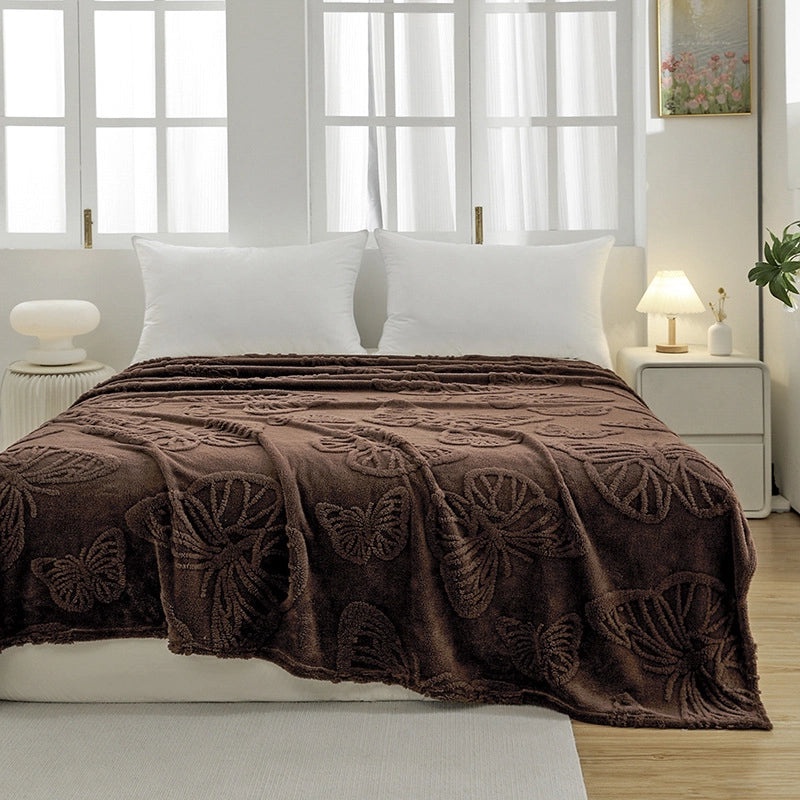 Soft Flannel Fleece Butterfly Flower Jacquard Blanket Thick Single Layer Four Seasons Cozy Throw|Home Textiles Blankets