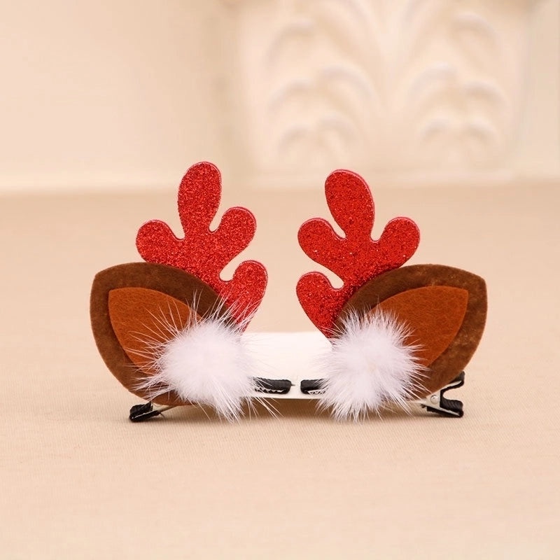 Christmas Kids Gold Glitter Antler Hairpin Set Mink Fur Clips Holiday Headband | Hair Accessories